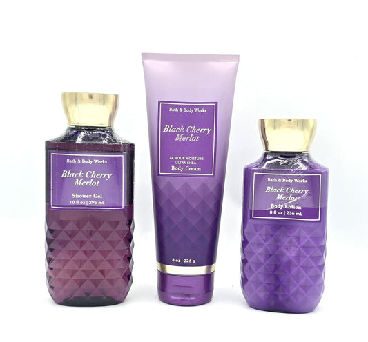 Bath & Body Black Cherry Merlot Gift Set, Shower Gel 10 fl oz, Body Cream 8 oz, Body Lotion 8 fl oz